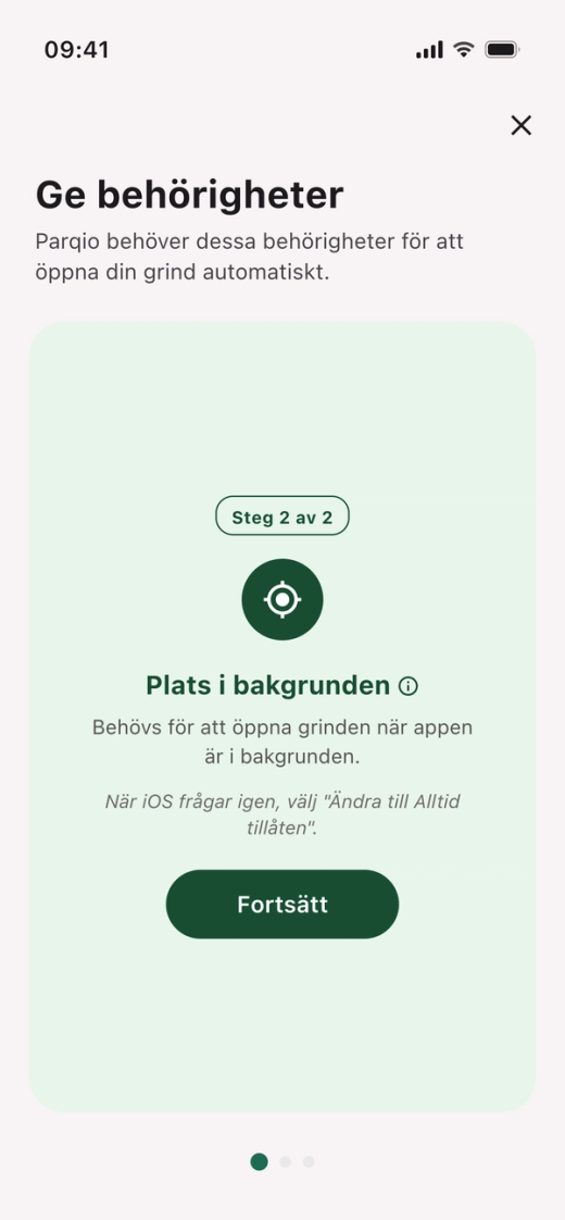 Kortet ”Plats i bakgrunden” med märket ”Steg 2 av 2” och knappen ”Fortsätt”
