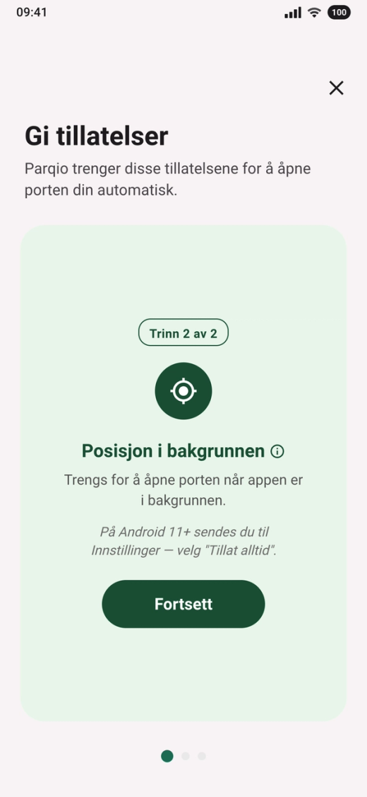 Kortet «Posisjon i bakgrunnen» med merket «Trinn 2 av 2» og knappen «Fortsett»