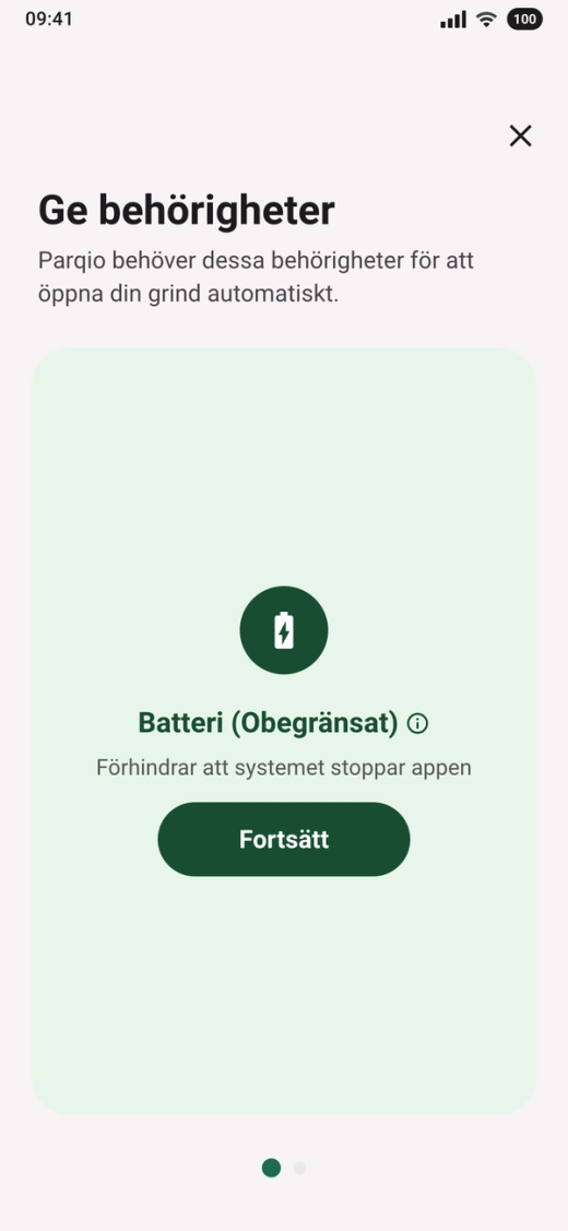 Kortet ”Batteri (Obegränsat)” med texten ”Förhindrar att systemet stoppar appen” och knappen ”Fortsätt”