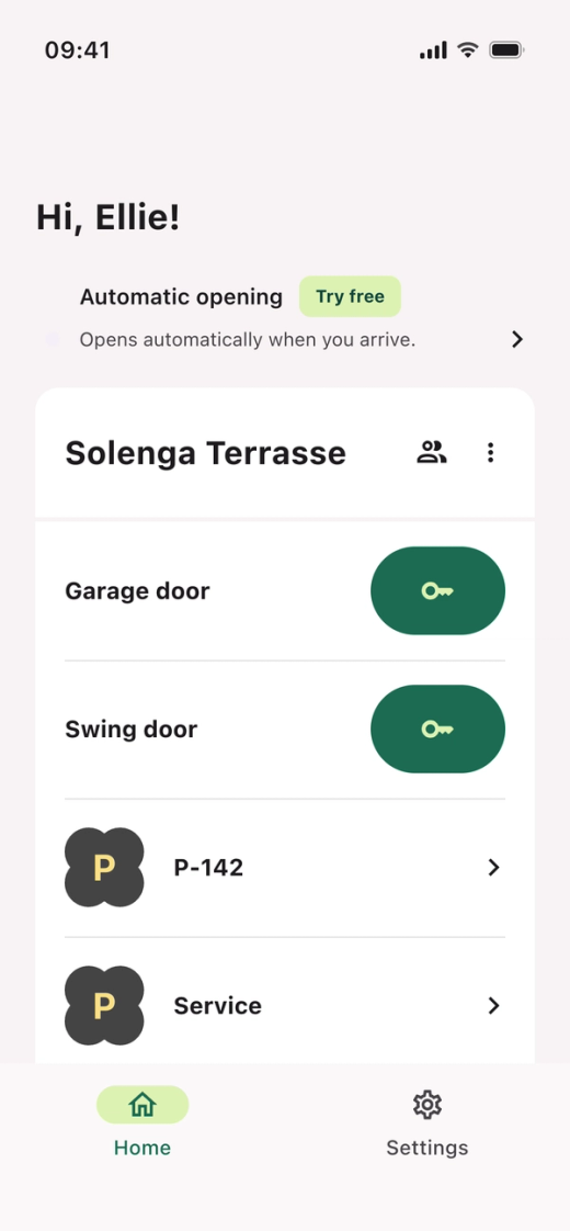 The home screen of the Parqio app with the row “Automatic opening” and the label “Try free” at the top