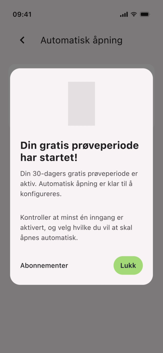 Meldingen «Din gratis prøveperiode har startet!» med «Abonnementer» og «Lukk»