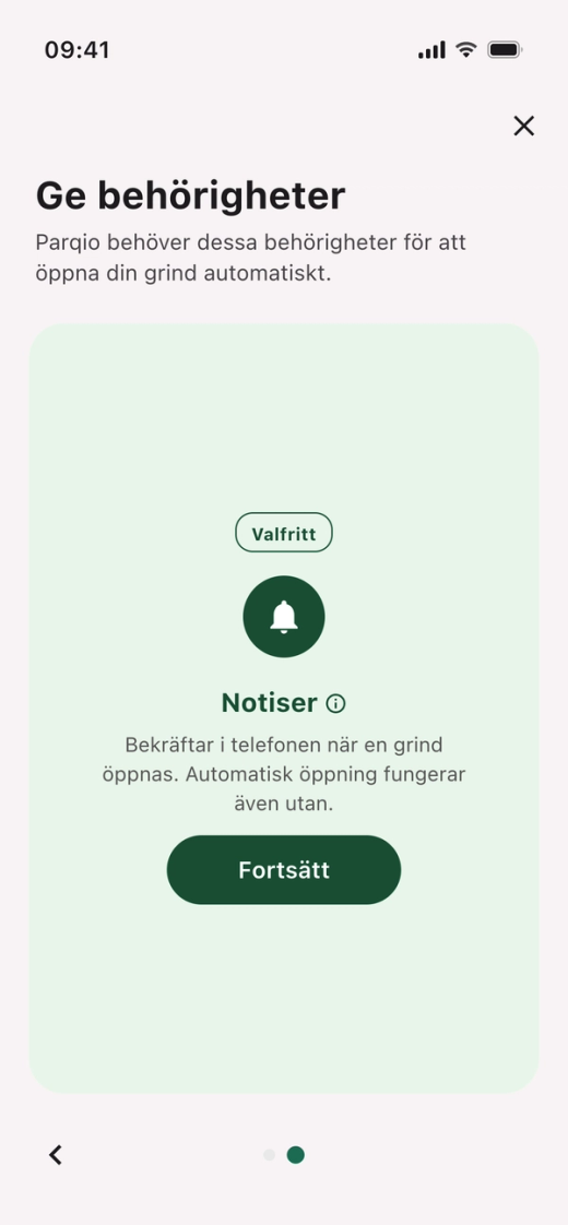 Kortet ”Notiser” med märket ”Valfritt” och knappen ”Fortsätt”