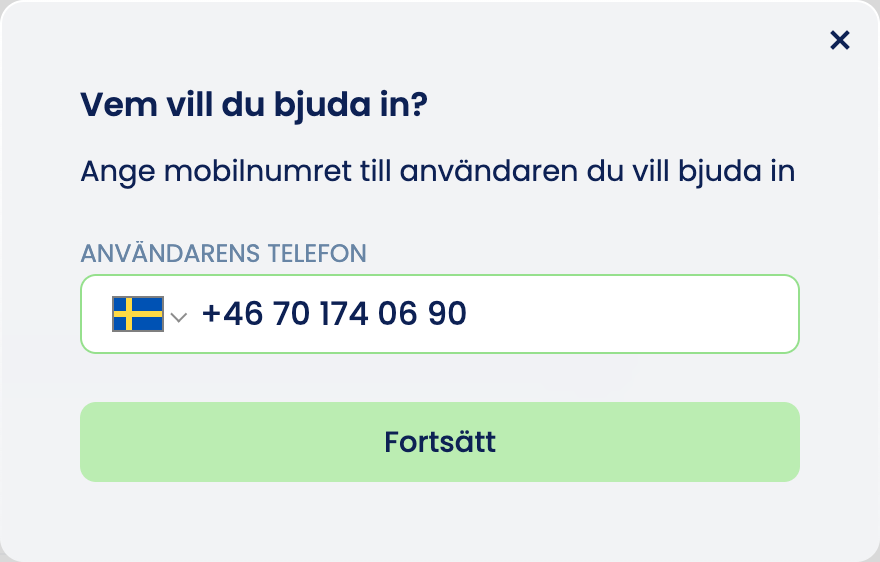 Fönstret ”Vem vill du bjuda in?” med ett mobilnummer i fältet och knappen ”Fortsätt”