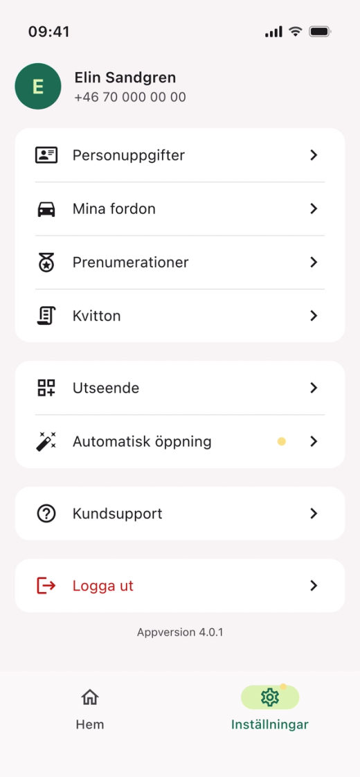 Inställningar i Parqio-appen, med ditt namn och telefonnummer överst och ”Personuppgifter” som första rad