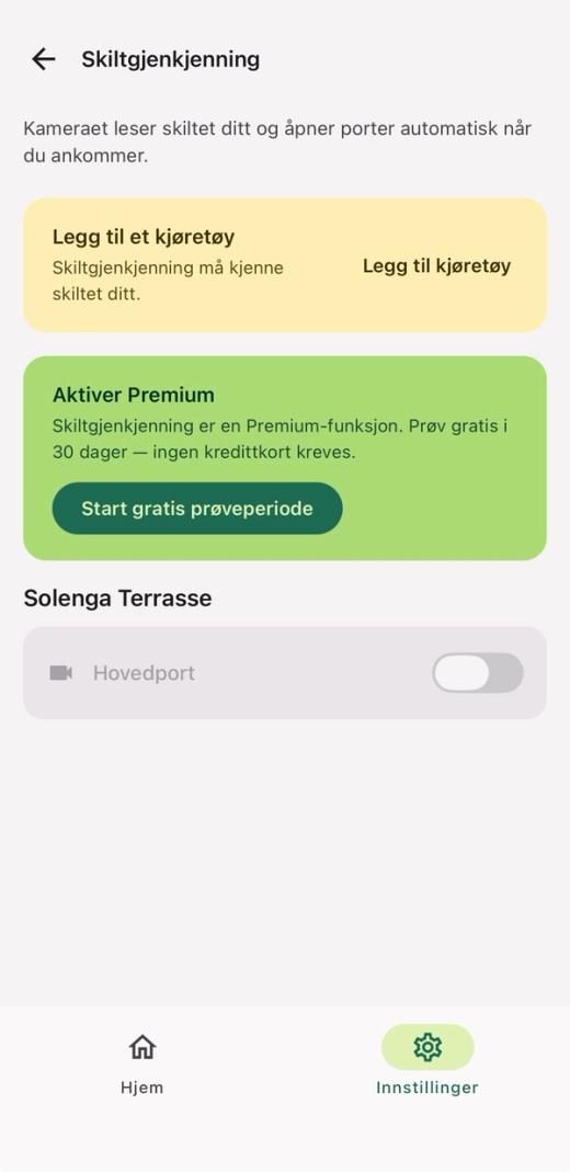 «Skiltgjenkjenning» med kortene «Legg til et kjøretøy» og «Aktiver Premium» og bryteren for Hovedport slått av