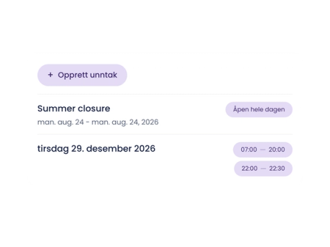 Parqio Admin: unntakslisten med en lilla «Opprett unntak»-knapp, en sommerstengning og en datert oppføring med to tidsrom.
