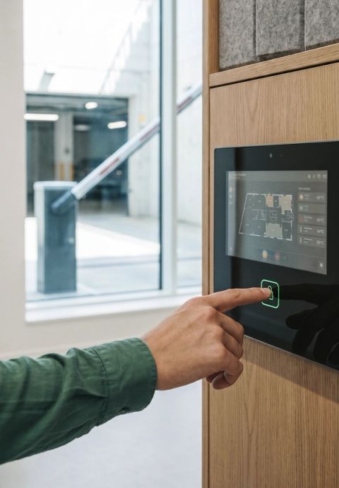 A person's hand pressing a glowing green fingerprint button on a wall-mounted smart-access panel, with a boom barrier visible through a window in the background.