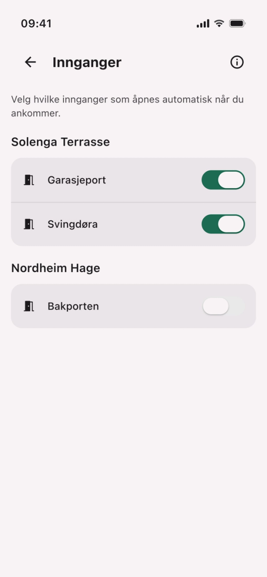 Innganger i Parqio-appen: en bryter ved hver inngang. Når bryteren er slått på, er automatisk åpning på for den inngangen.