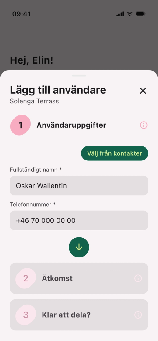 Steg 1 ”Användaruppgifter” i ”Lägg till användare” med fälten ”Fullständigt namn” och ”Telefonnummer” samt knappen ”Välj från kontakter”