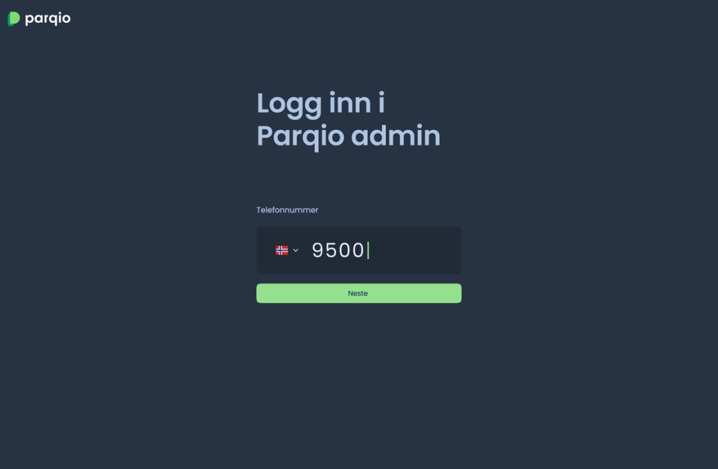 Innloggingssiden «Logg inn i Parqio admin» med telefonnummerfeltet og knappen «Neste»