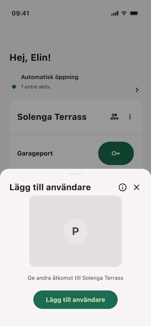 Panelen ”Lägg till användare” för Solenga Terrass med texten ”Ge andra åtkomst till Solenga Terrass” och knappen ”Lägg till användare”