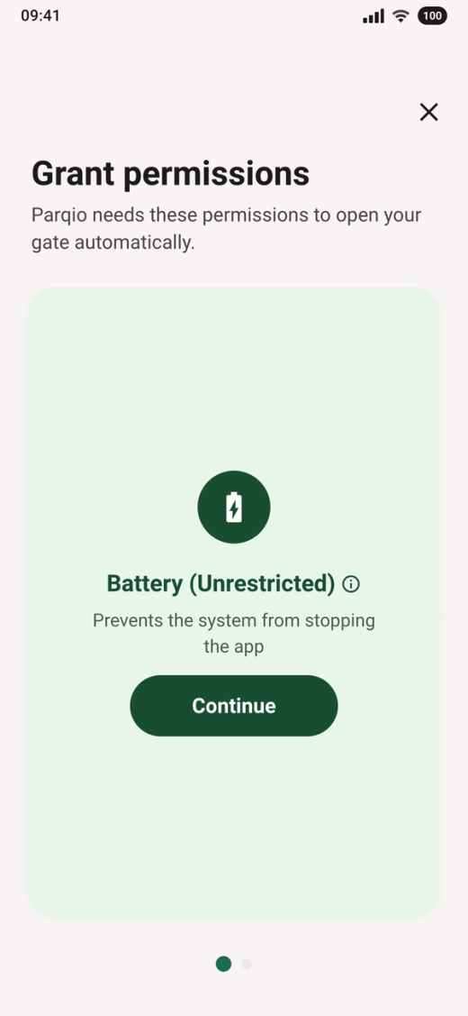 The card “Battery (Unrestricted)” with the text “Prevents the system from stopping the app” and the button “Continue”