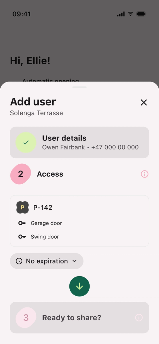 Step 2 “Access” in “Add user” with the space P-142, the gates Garage door and Swing door, and the duration “No expiration”