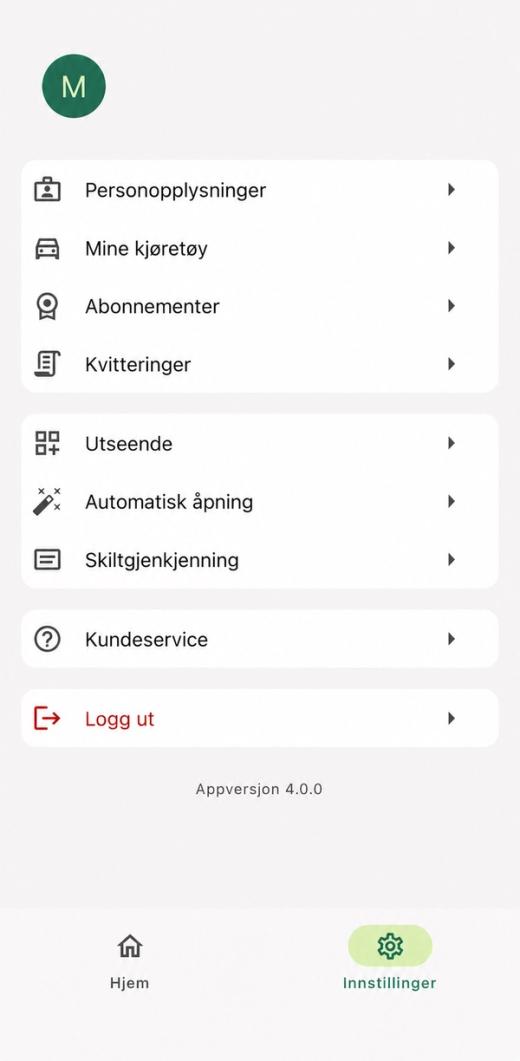 Innstillinger i Parqio-appen med valgene Personopplysninger, Mine kjøretøy, Abonnementer, Kvitteringer, Automatisk åpning og Skiltgjenkjenning
