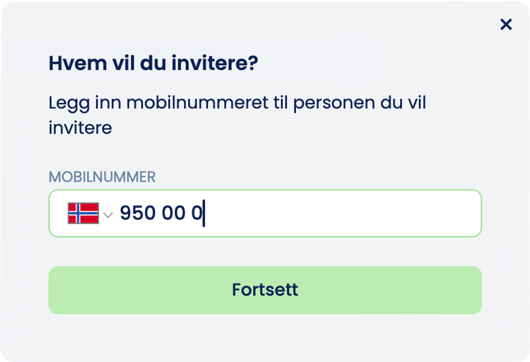 Norska arket «Hvem vil du invitere?» med fältet «Mobilnummer» och knappen «Fortsett»
