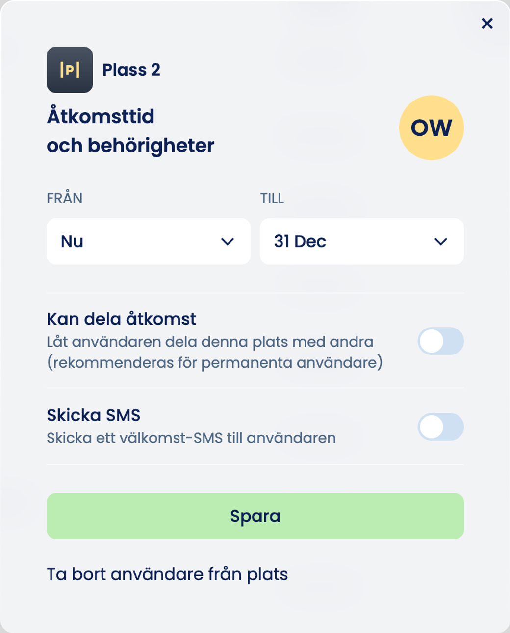 Fönstret ”Åtkomsttid och behörigheter” för Plass 2, med ”Ta bort användare från plats” längst ner