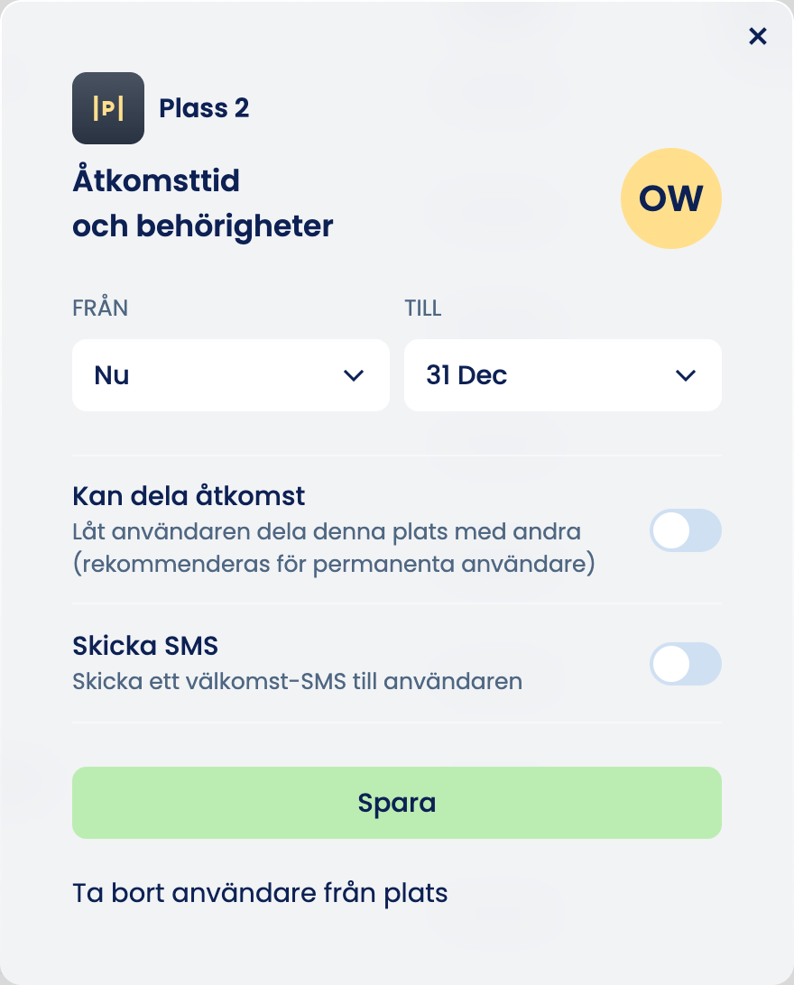 Fönstret ”Åtkomsttid och behörigheter” för Plass 2, med ”Ta bort användare från plats” längst ner