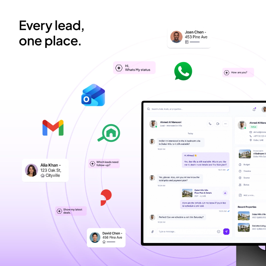 Every lead, one place — WhatsApp, Gmail, Outlook and portal enquiries landing in one COM8 inbox
