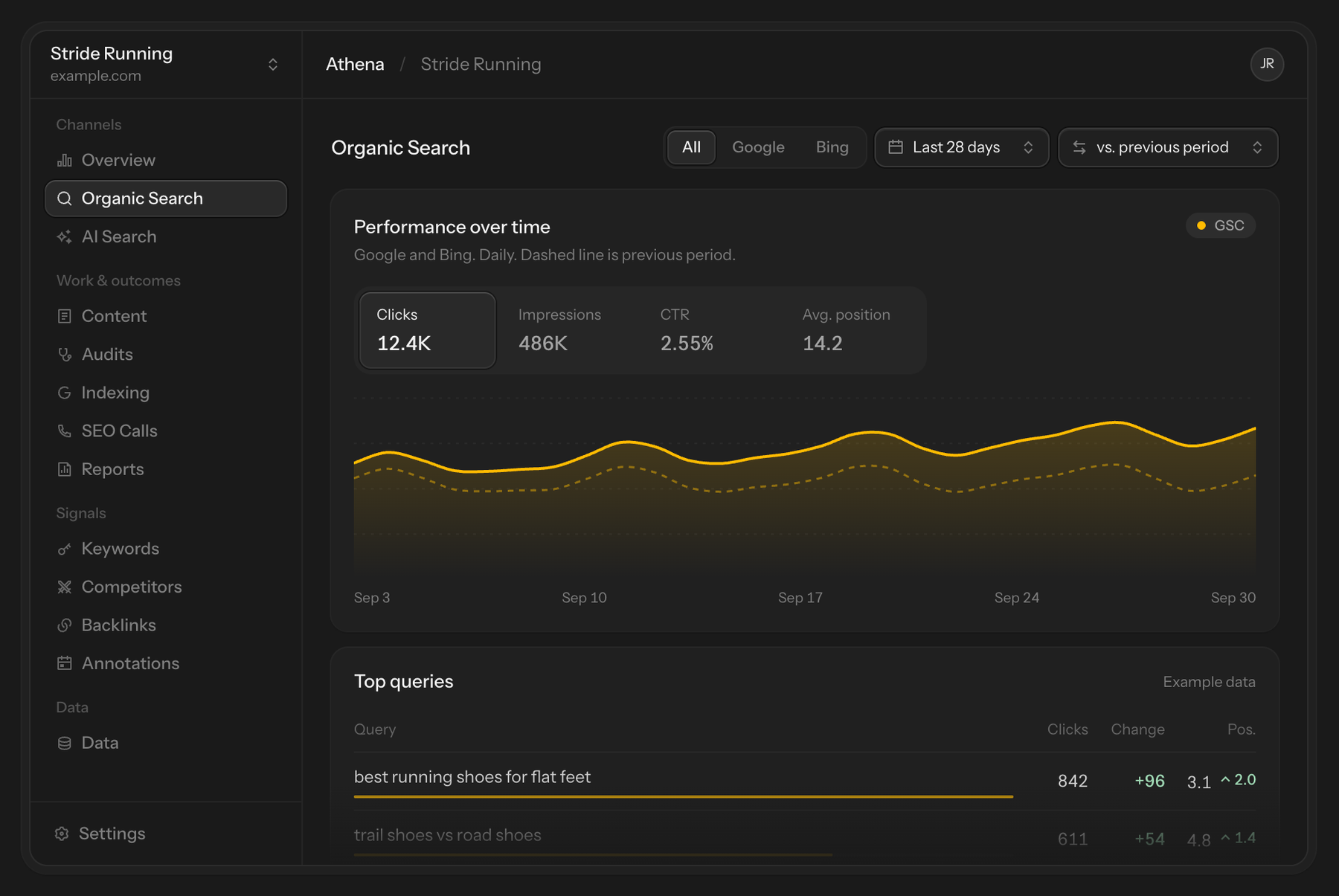 Organic Search page: performance chart against the previous period and a top queries table