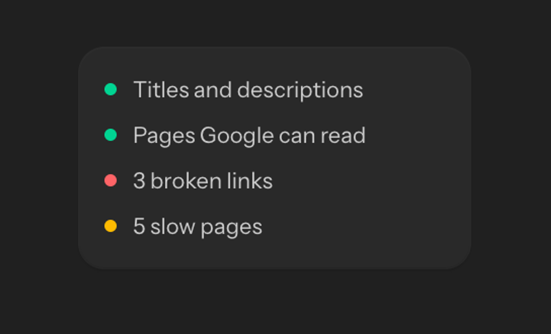 Audit checklist: two passing checks, 3 broken links and 5 slow pages