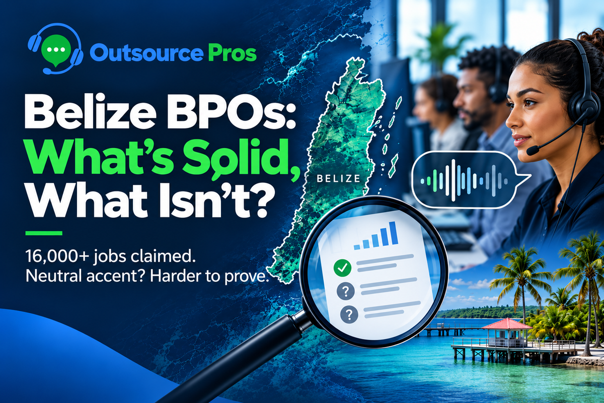 Infographic: Belize BPOs, what's solid and what isn't. 16,000+ jobs claimed, but a neutral accent is harder to prove. A map of Belize, a call center agent and a magnifying glass over a checklist.