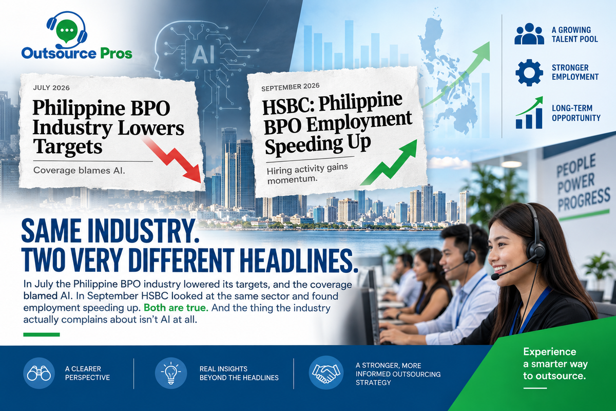 Infographic: a July 2026 headline says the Philippine BPO industry lowered its targets; a September 2026 headline says HSBC found employment speeding up.