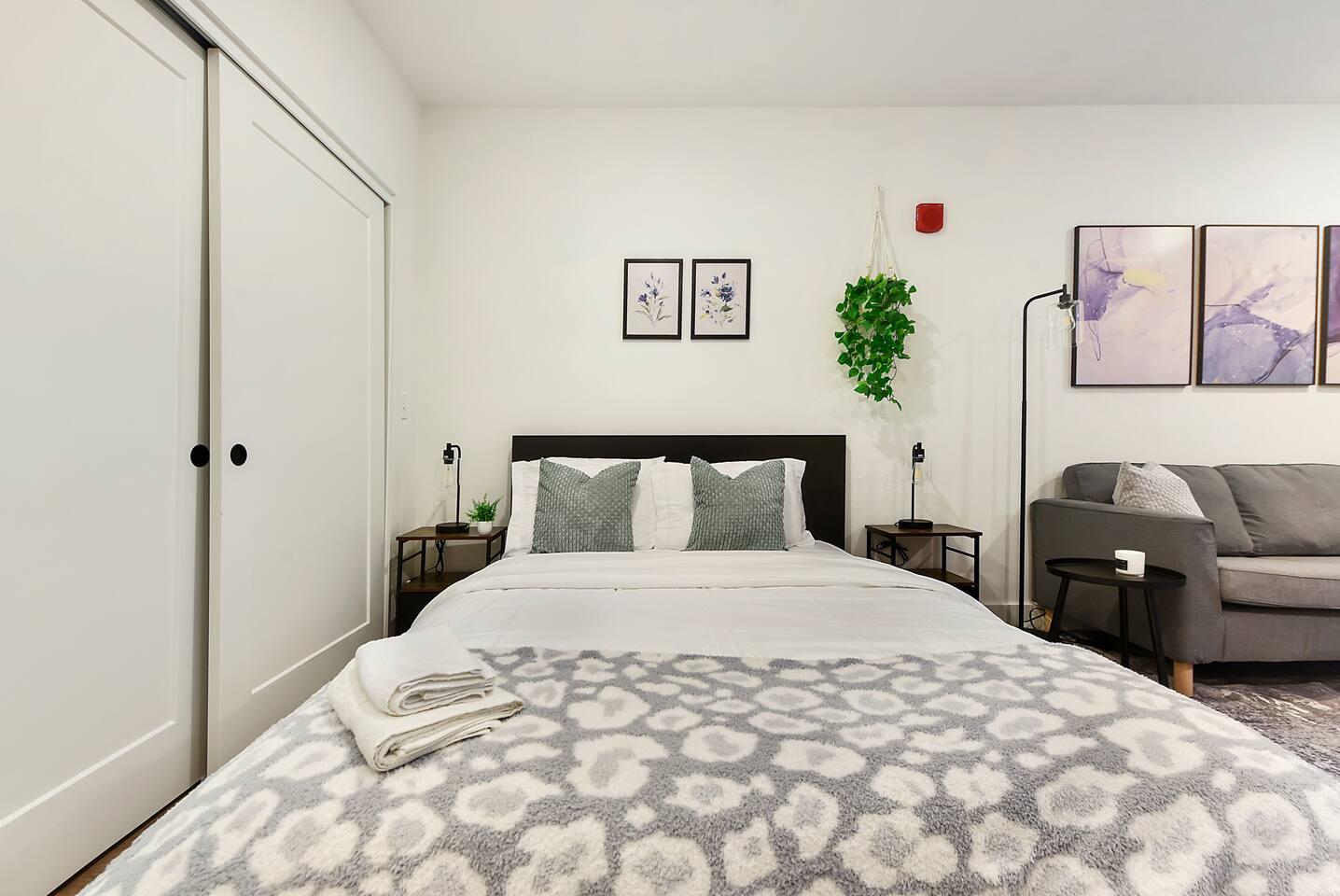 Comfy queen bed and plush, pillows for a restful night's sleep.