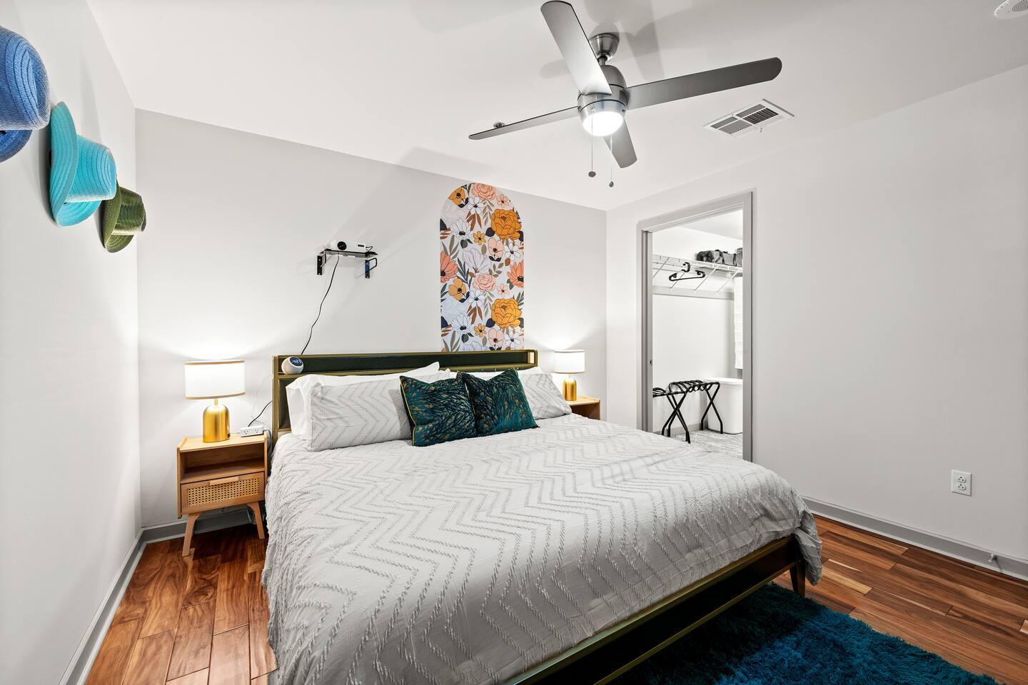 Bedroom : A Perfect cute spacious bedroom with one king bed that sleeps 2 adults. Designed with with comfort in mind and equipped with memory foam mattress, Cozy bedroom with nightstands and lamps.