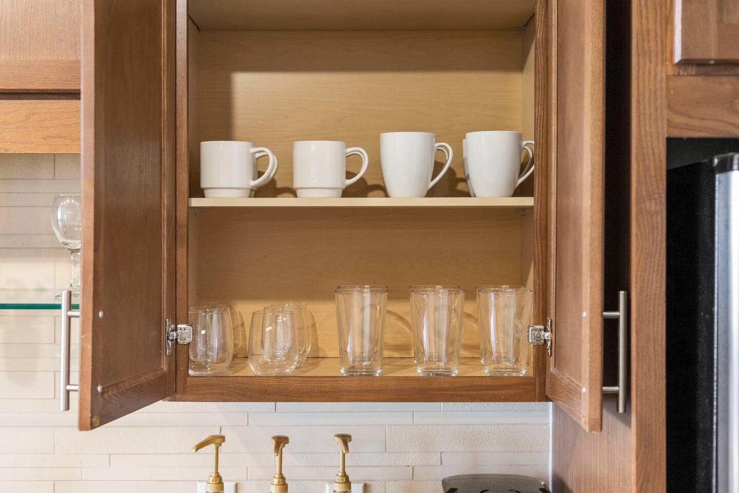 Mugs and glasses in kitchen for your hot and cold drinks.