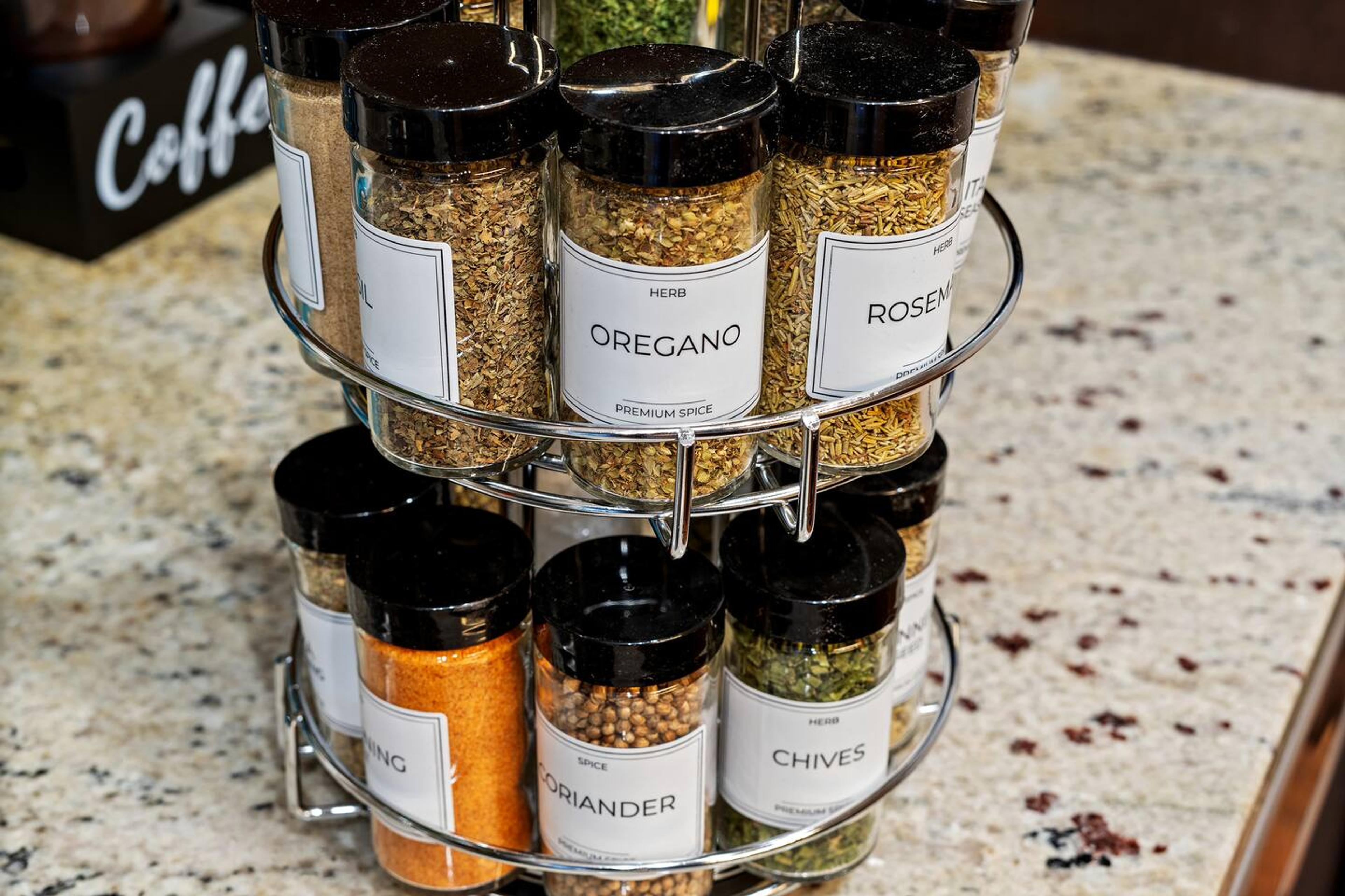 Add some flavor to your cooking!  Our kitchen comes stocked with essential spices to enhance your meals. ✨