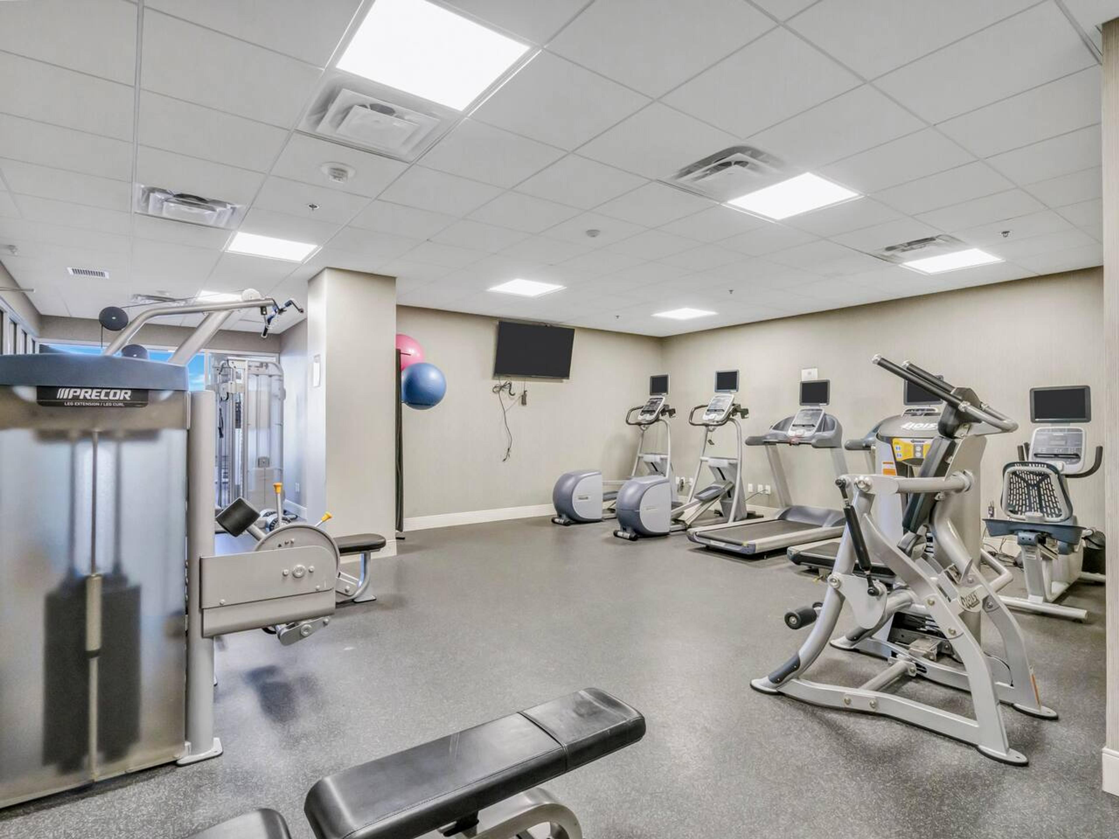 Gym
Fully furnished gym with a range of equipment for cardio, strength, and flexibility workouts.