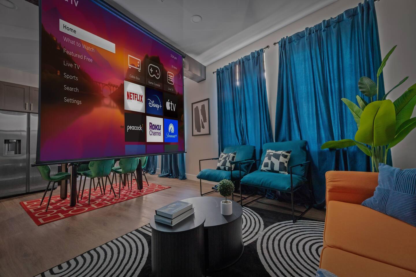 Projector is available to use. To enjoy movie night in our living room with the blackout curtain.
