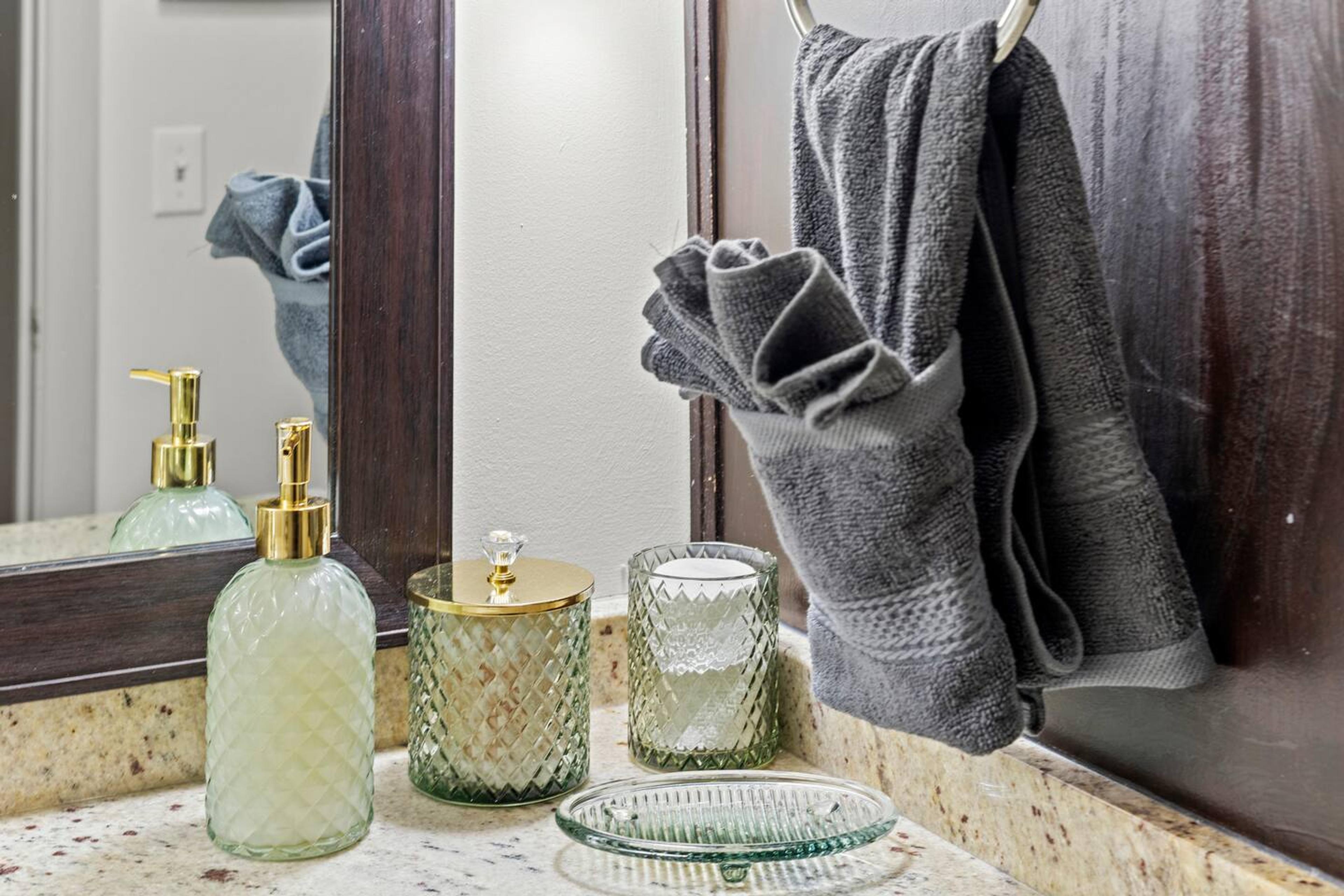 Our full bathroom is stocked with essentials, offering a clean and comfortable space to relax.