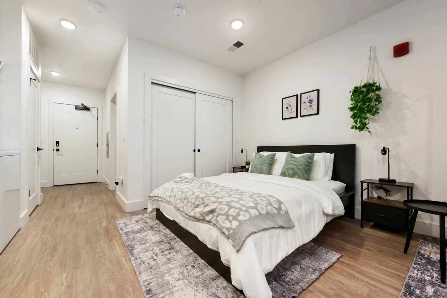 Comfy queen bed and plush, pillows for a restful night's sleep.