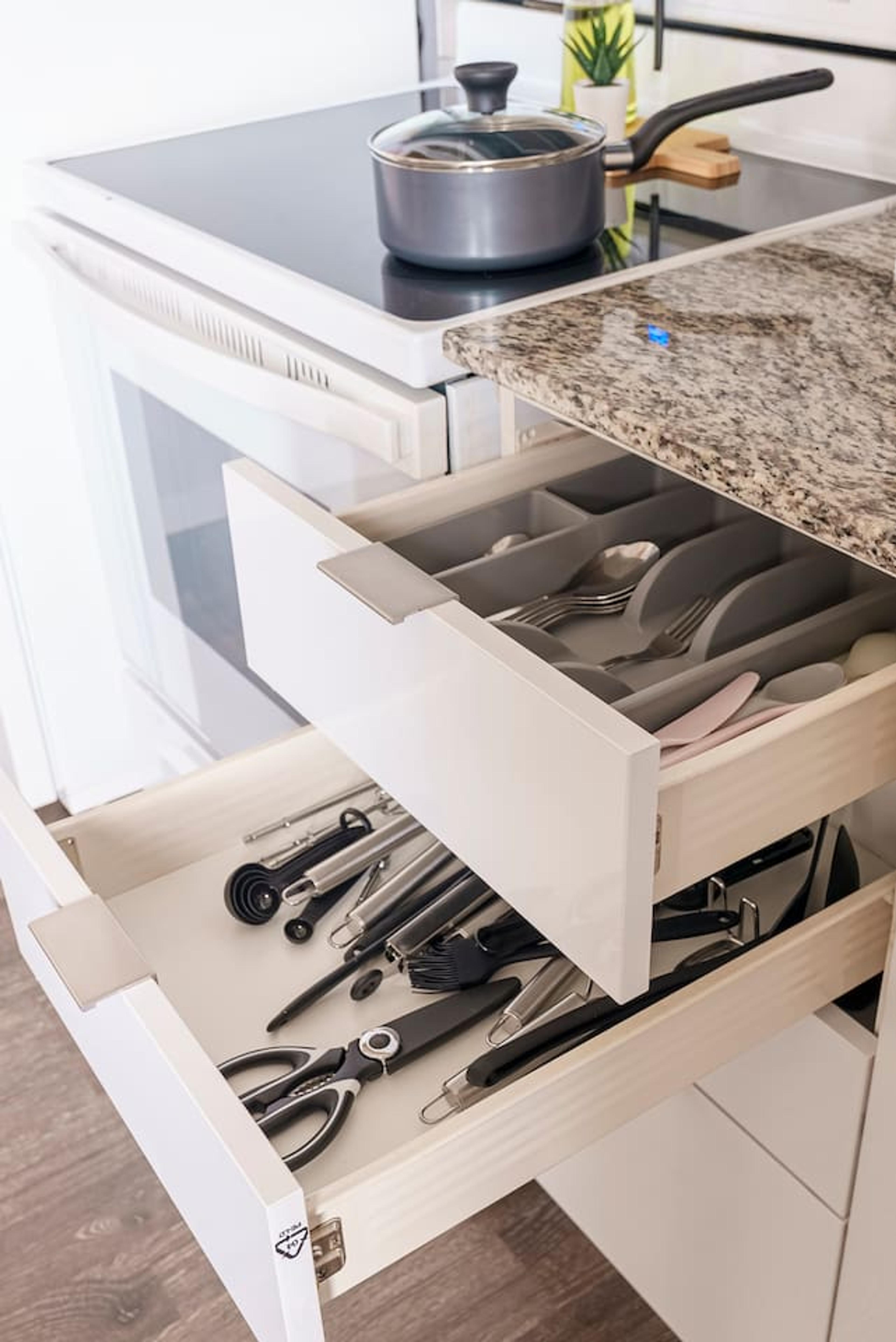 Complete set of kitchen utensils provided for easy meal preparation.