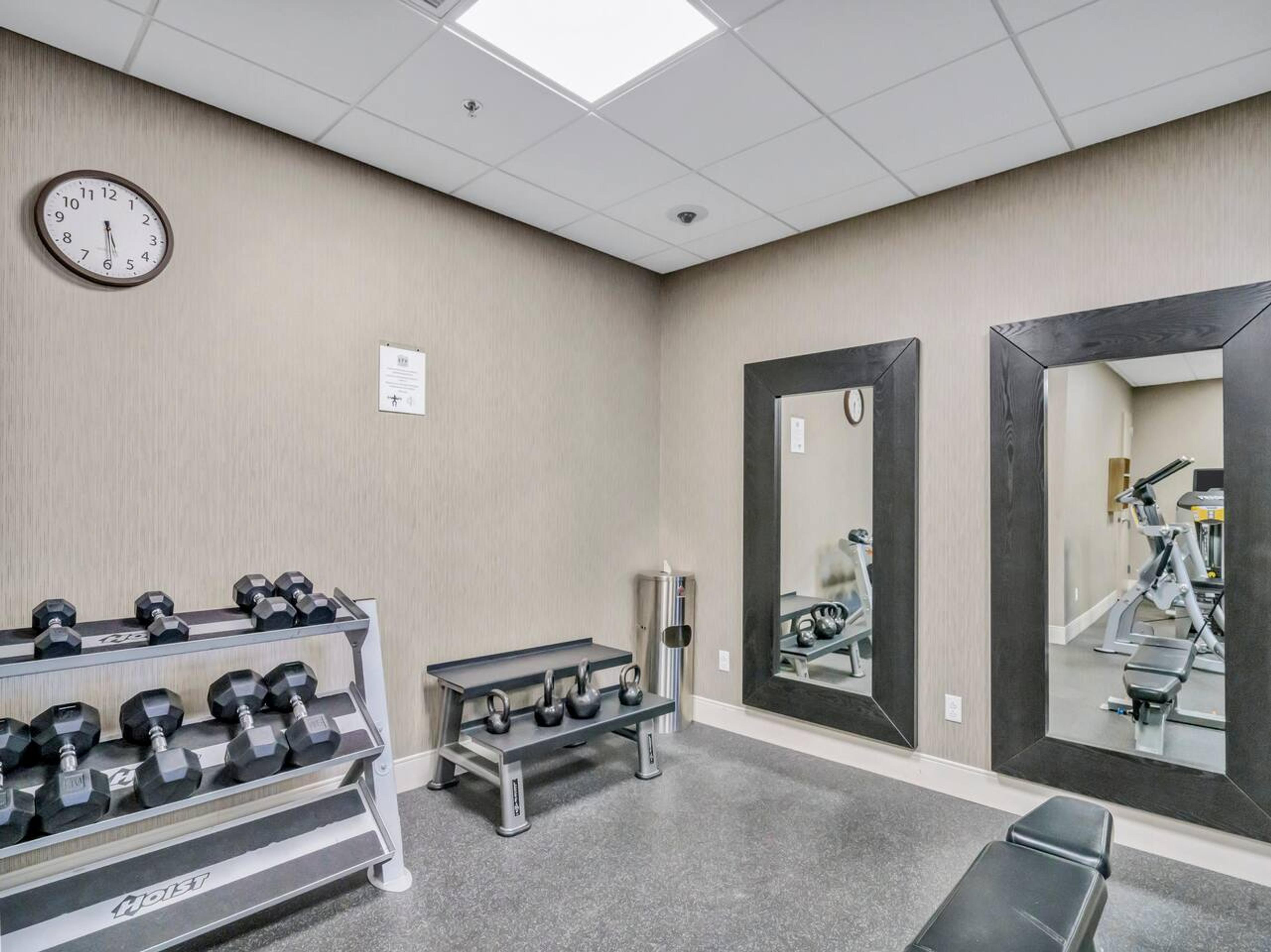 Gym
Fully furnished gym with a range of equipment for cardio, strength, and flexibility workouts.