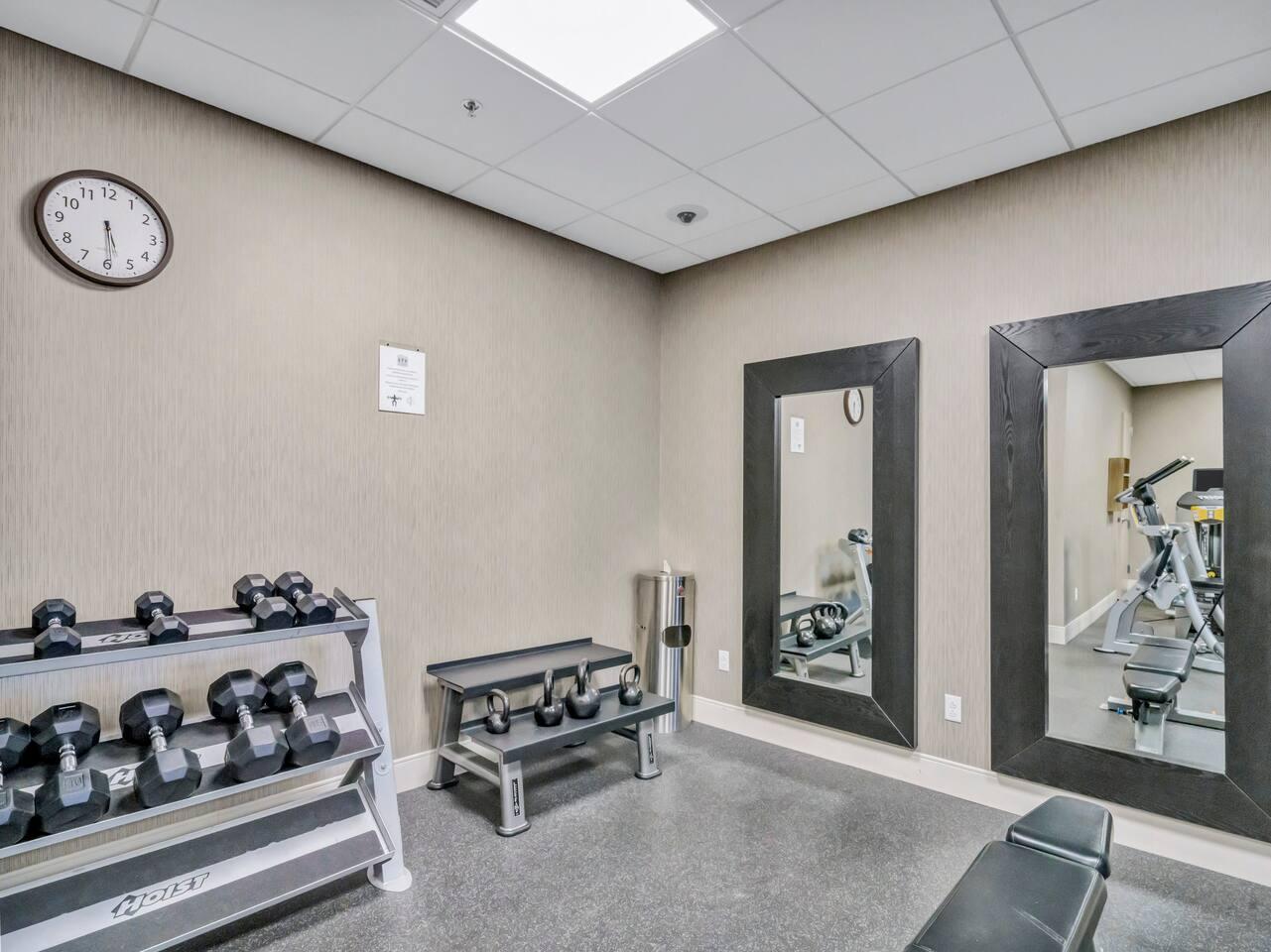 Gym
Fully furnished gym with a range of equipment for cardio, strength, and flexibility workouts.
