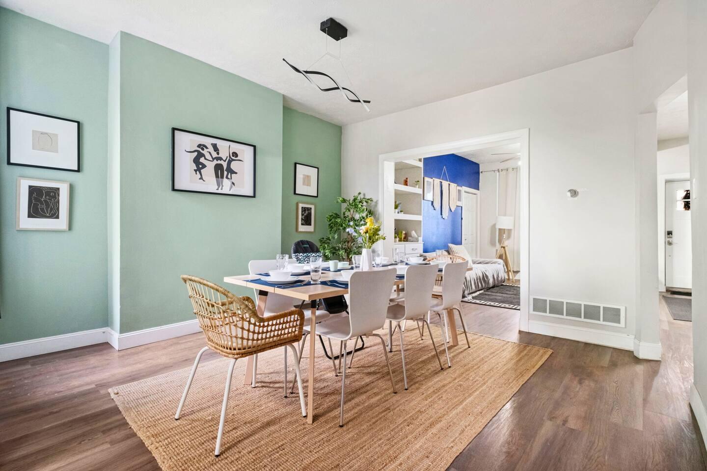 Spacious dining area with a stylish 8-seater table—perfect for family meals and gatherings!