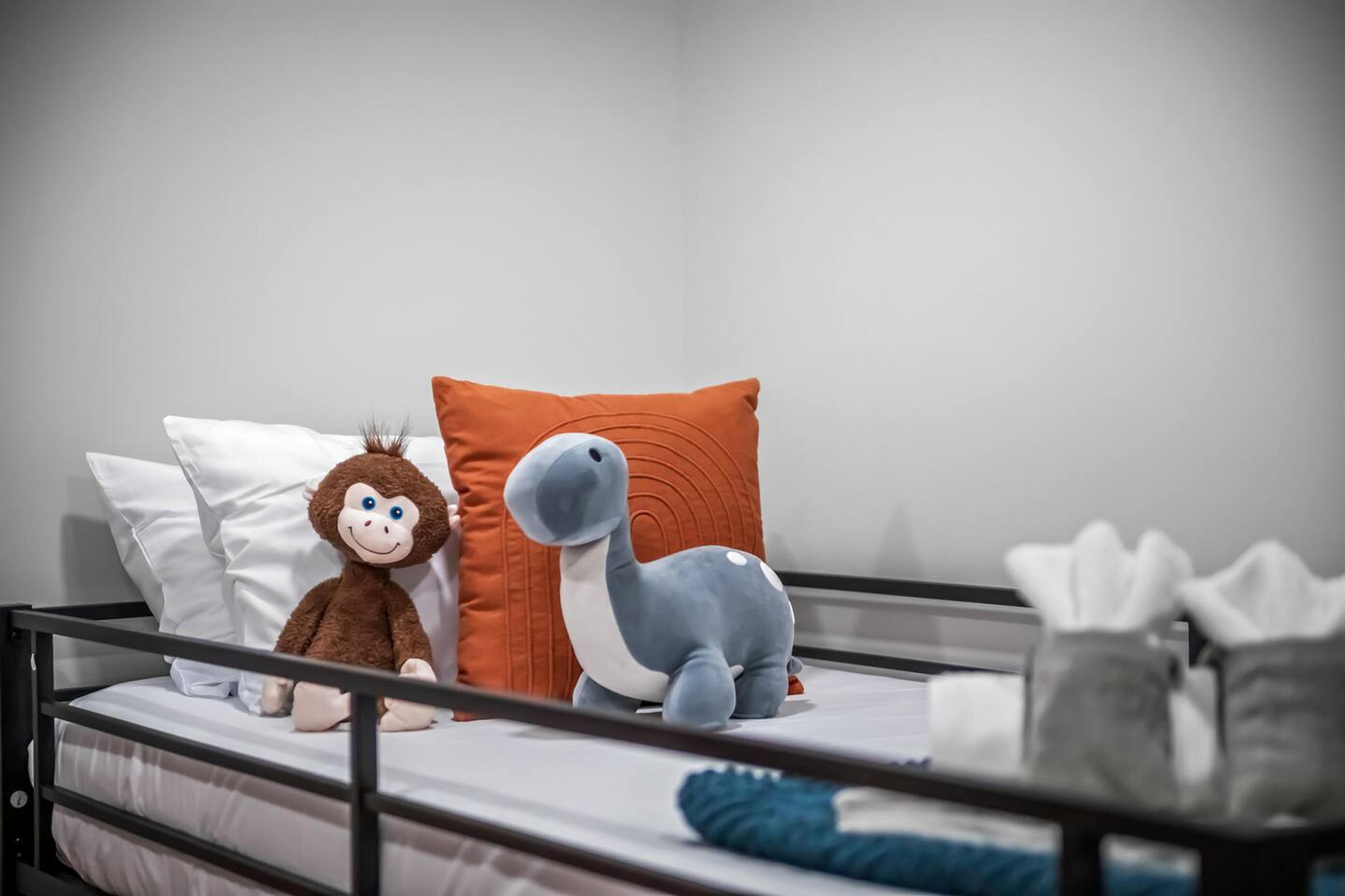Bedroom 2 for kids with bunk bed, clean spreadsheets, towels and soft toys for use.
