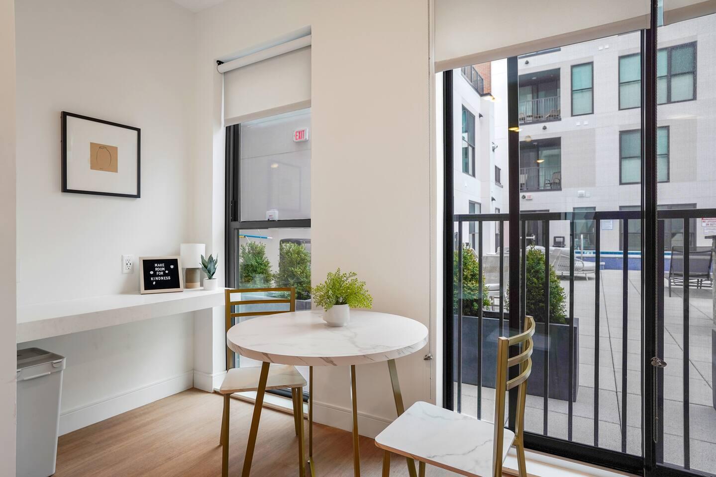 Dining area with a view of outdoor.