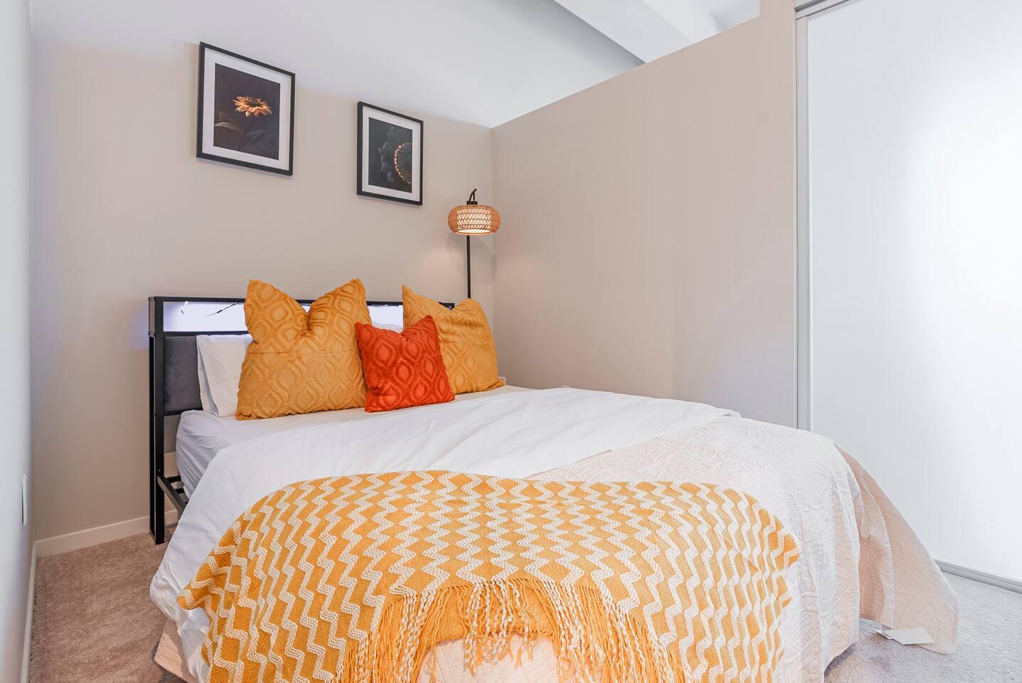 Bedroom with queen bed, memory for matches, comfortable for your back and provides peaceful sleep.