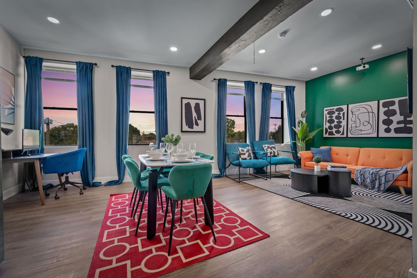 Stunning and vibrant lifestyle guarantee. This living space is careful designed with comfort and luxury in mind. The living includes : Couch with protector, accent chairs, center table on cozy carpet, high speed WiFi and a Roku TV 55" wall mounted.