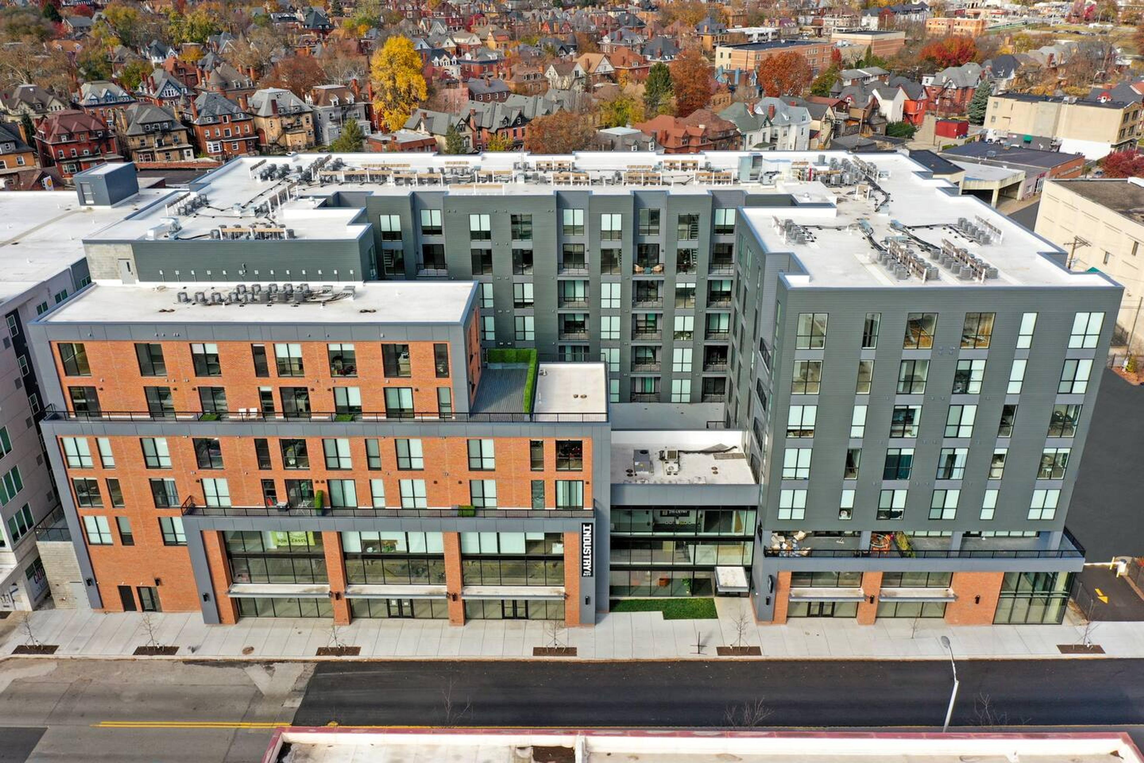 Exterior view of the building, showcasing its modern architecture and welcoming ambiance, ideal for your stay in Pittsburgh.