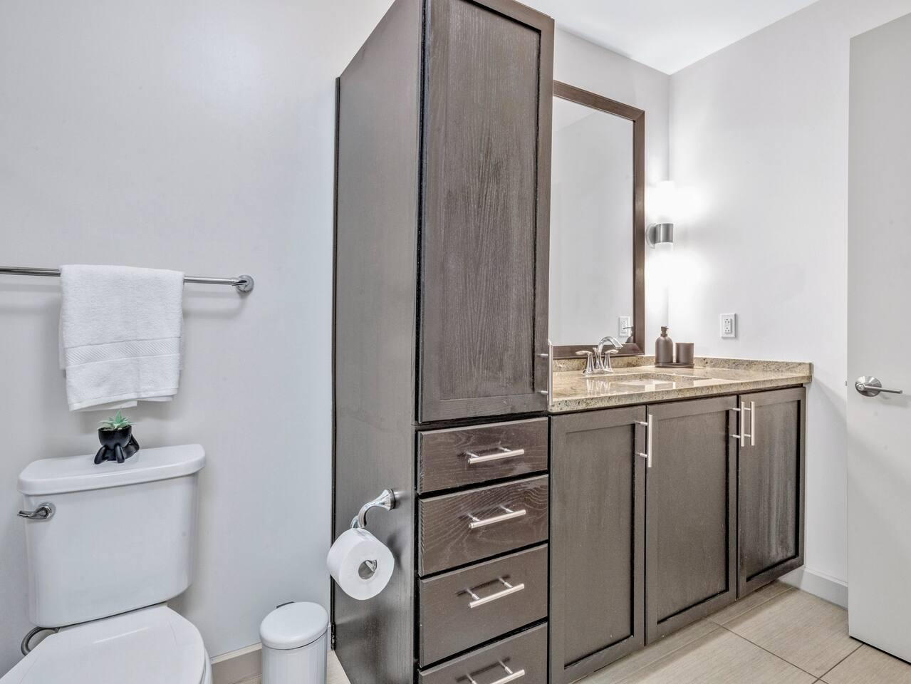 Bathroom with bathtub, toilet , vanity , big mirror, fresh towels , consumables include shampoo, conditioner, body wash, hair dryer.