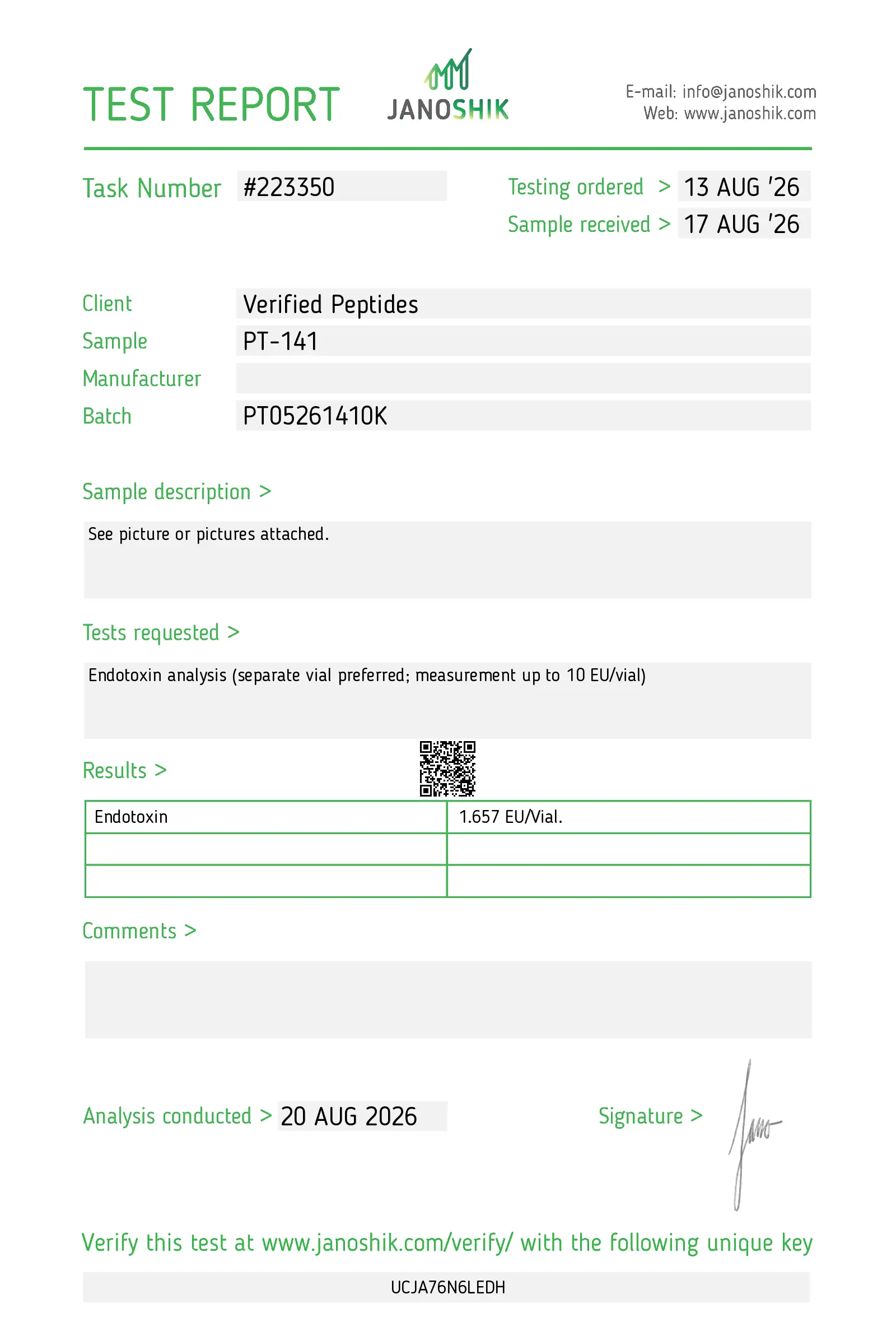 Janoshik endotoxin report for PT-141 10 mg, report 223350