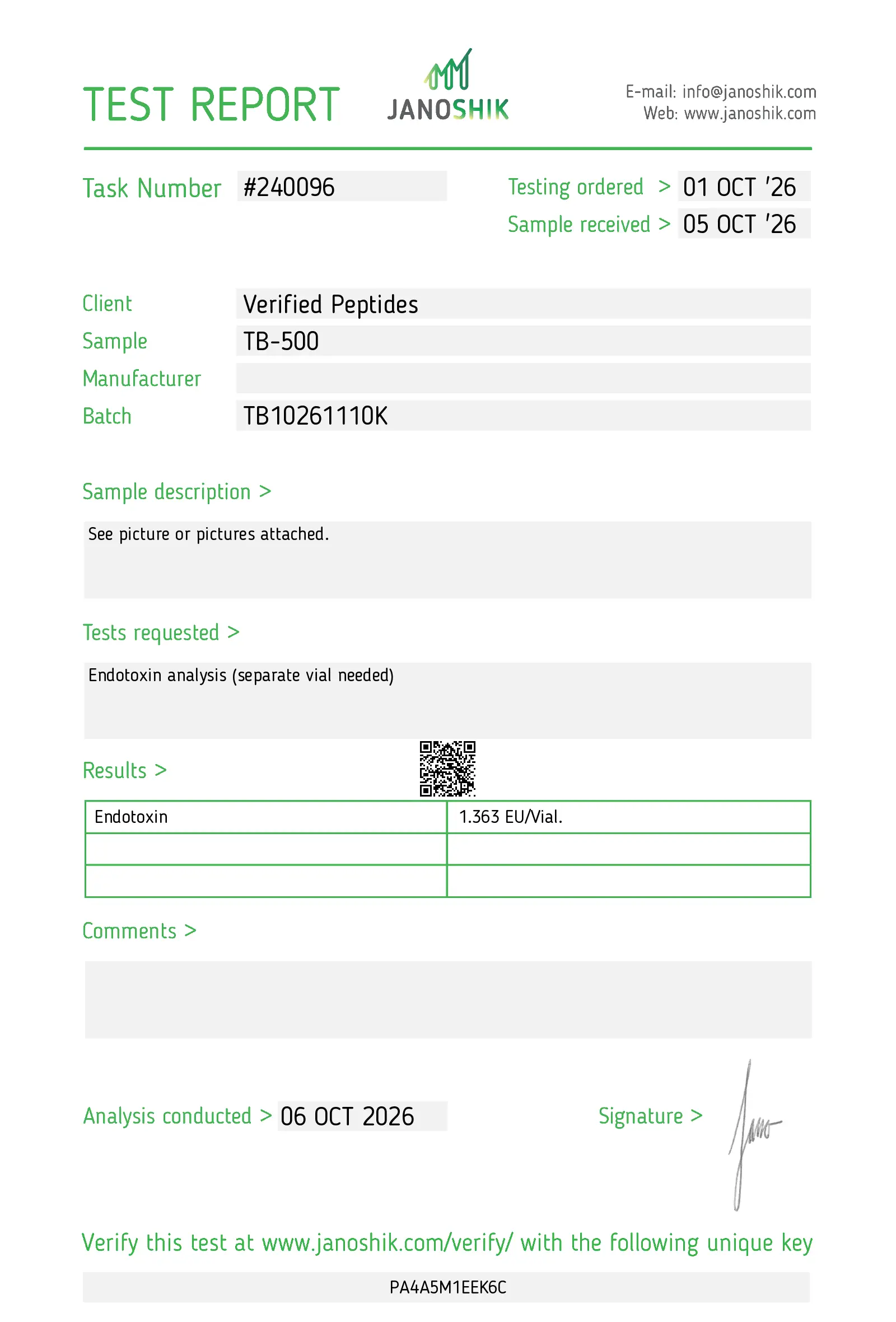 Janoshik endotoxin report for TB-500 10 mg, report 240096