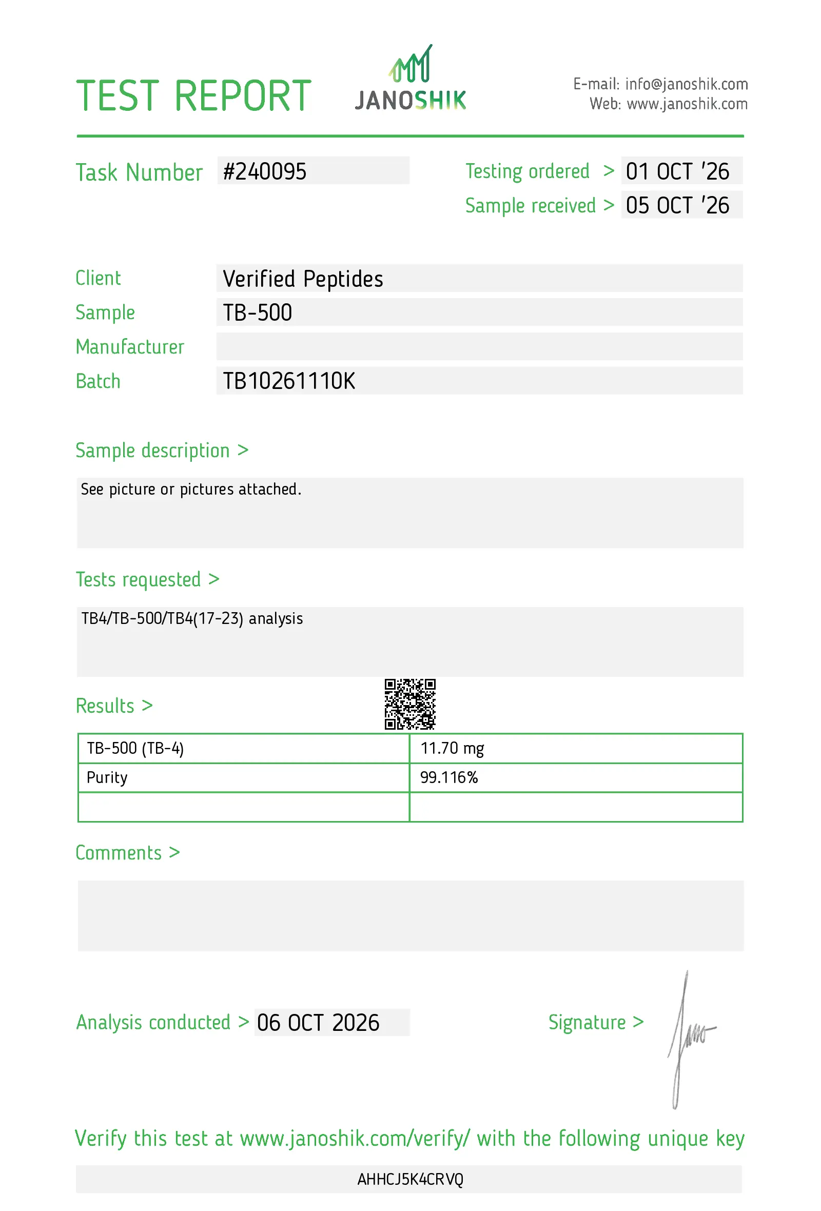 Janoshik certificate of analysis for TB-500 10 mg, report 240095