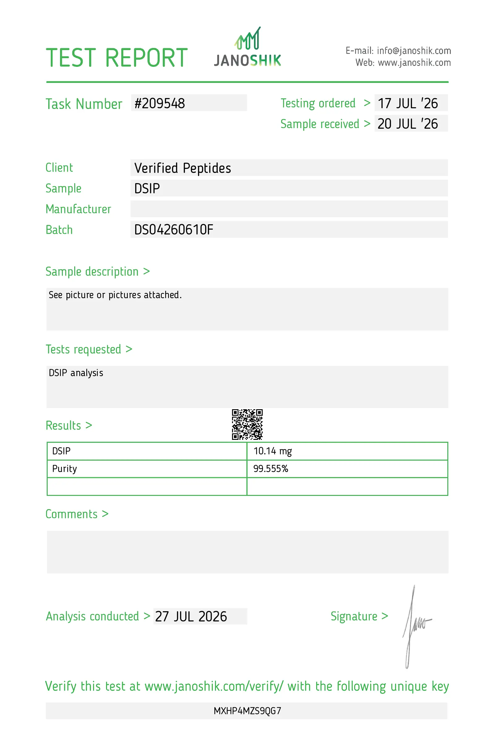 Janoshik certificate of analysis for DSIP 10 mg, report 209548