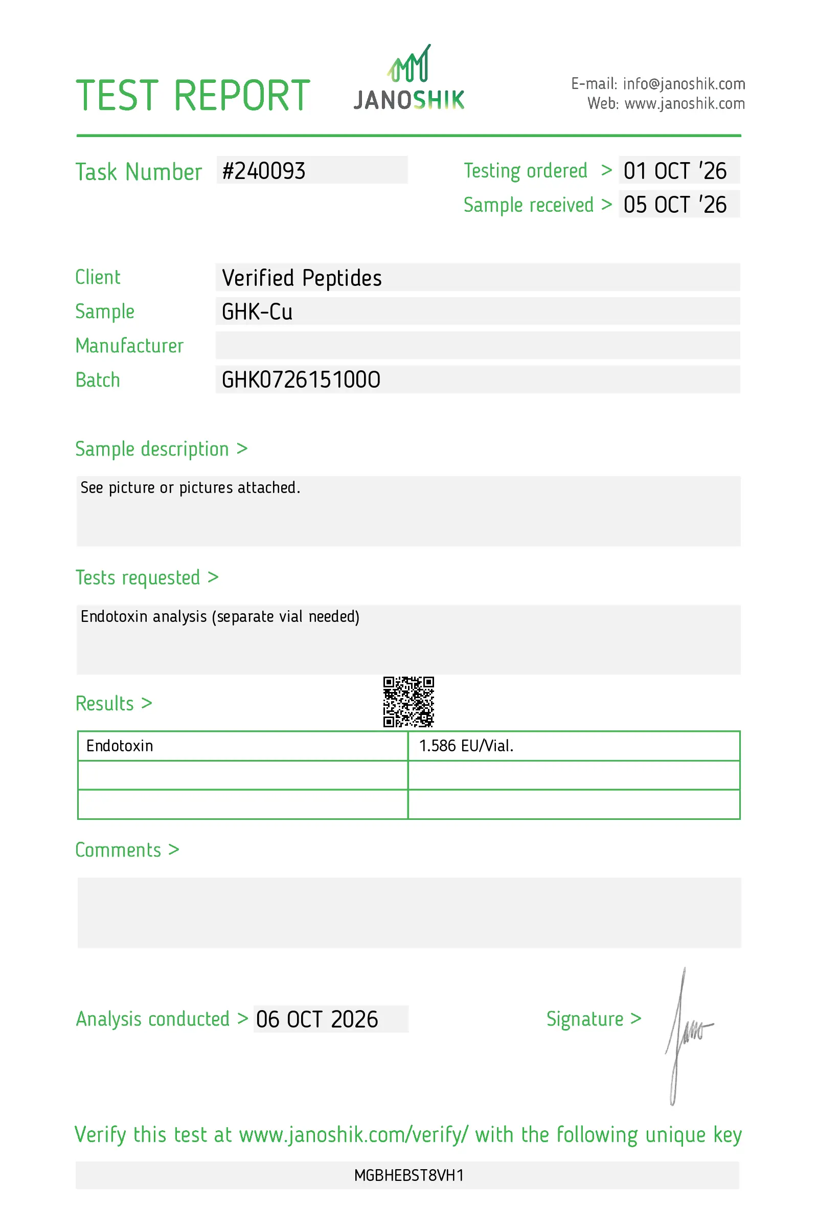 Janoshik endotoxin report for GHK-Cu 100 mg, report 240093