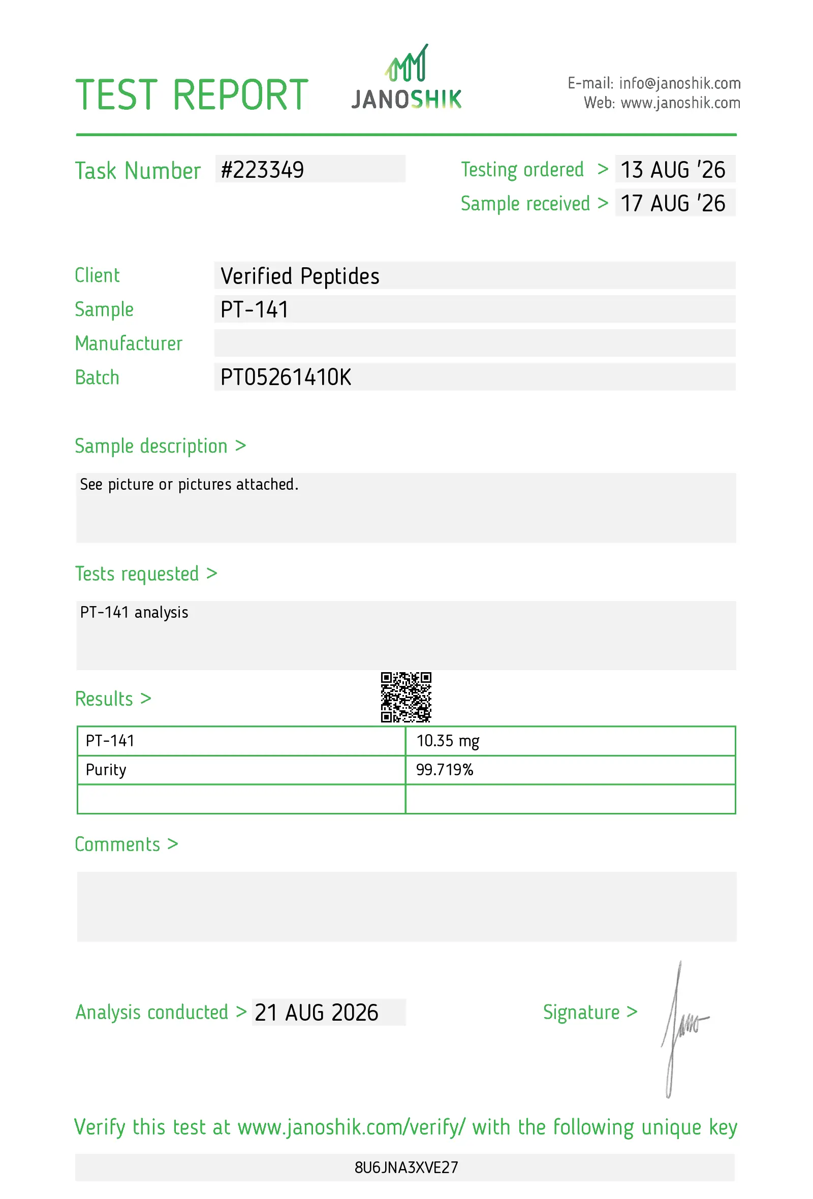 Janoshik certificate of analysis, report 223349